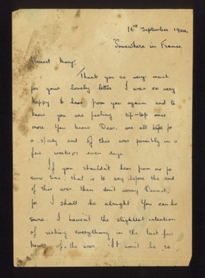 Letter - from "Bob" to his wife "Mary" - dated 16/09/1944 from "Somewhere in France"; 8/06/1944; 5098