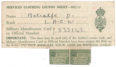 Board of Trade Services Clothing Coupon Sheet - L.A.C.W. D. Metcalf - with 2 coupons remaining; 38021
