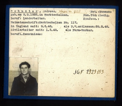 German P.O.W. record card - Andreas Schuster - Rumanian - Dob 09/09/1925; 6626
