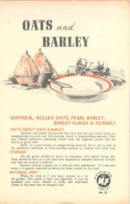 Ministry of Food war cookery leaflets (3) - "Oatmeal" - "Oats & barley" - "Hot cakes for a cold day"; 37798