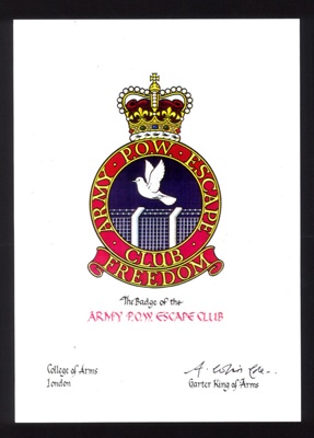 Documents & information re: army P.O.W. Escape Club - includes photograph of blazer badge; 25/11/1990; 2547