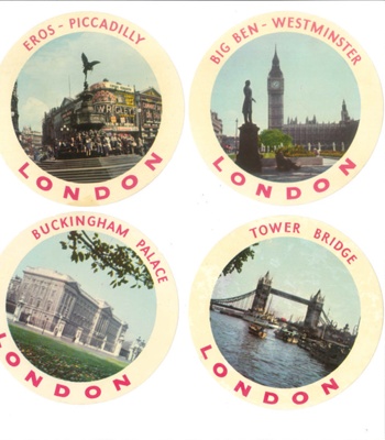 Tourist photographic stickers (4) - London scenes - "Tower bridge" "Big ben" "Eros" "Buckingham Palace"; 35605 Tourist photographic stickers (4) - London scenes - "Tower bridge" "Big ben" "Eros" "Buckingham Palace"; 35605
