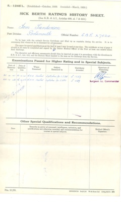 Royal Navy Form S1246l - Sick Berth Rating's History Sheet - Tom Sanderson S.B.R. x7024 - 1941; 1/01/1941; 38303