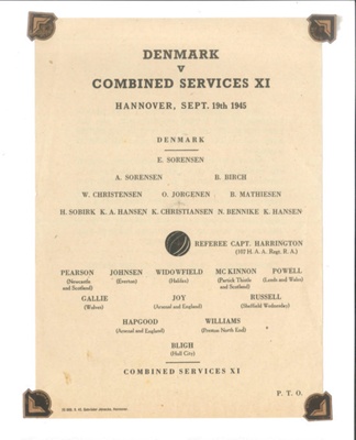 Football programme - "Denmark V Combined Service XI" - Hanover - 19/09/1945; 36907 Football programme - "Denmark V Combined Service XI" - Hanover - 19/09/1945; 36907