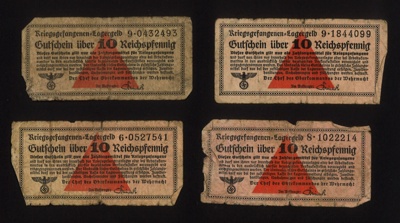 German P.O.W. camp money(9) - 10 Reichspfennigs in value - paid to Allied P.O.W.'s for work; 5121 German P.O.W. camp money(9) - 10 Reichspfennigs in value - paid to Allied P.O.W.'s for work; 5121