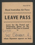 Leave pass - R.A.A.F. - Royal Australian Air Force - Sgt A. Calvert 637731 - 381 "B" squadron signals; 2803 Leave pass - R.A.A.F. - Royal Australian Air Force - Sgt A. Calvert 637731 - 381 "B" squadron signals; 2803