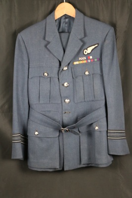 R.A.F. officer's dress tunic & trousers (blue) - Squadron Leader Farren - Queen's buttons - medal ribbons (6) - observer's brevet; 24787