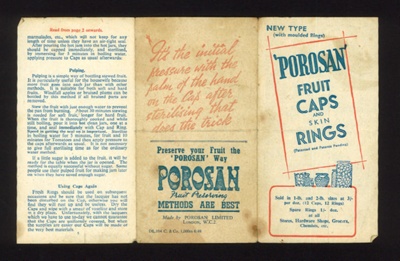 Advertisement - "Porosan" fruit caps & skin rings - for jam jars; 2189