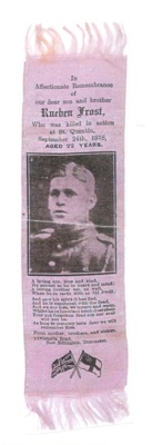 Photocopy of silk book mark - commemorating the death of Reuben Frost; 33069 Photocopy of silk book mark - commemorating the death of Reuben Frost; 33069