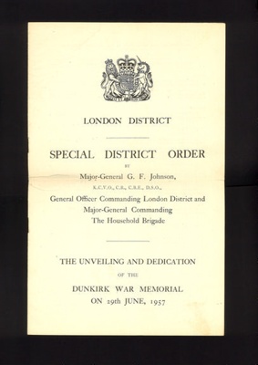 Order of ceremony (2) (in English & French) - plus - special district order - for unveiling & dedication of the Dunkirk memorial - 29/06/1957; 29/06/1957; 7422