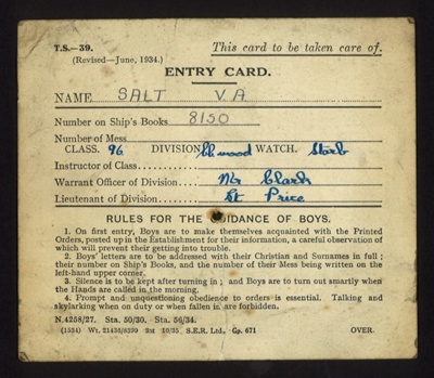 Royal Navy form T.S.39 - "Entry card" - V.A. Salt - boy entrant - October 1935; 1/01/1935; 7644