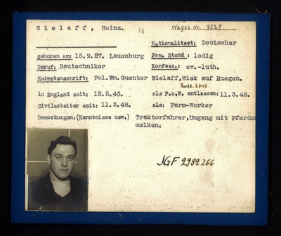 German P.O.W. record card - Heinz Sielaff - German - Dob 15/09/1927; 6599