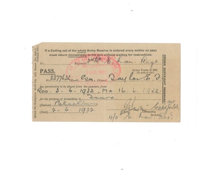 Leave pass - issued to C.S.M. E.F. Taylor - 4th/5th East Lancs - 02/06/1932 - on demob leave; 2/06/1932; 34890 Leave pass - issued to C.S.M. E.F. Taylor - 4th/5th East Lancs - 02/06/1932 - on demob leave; 2/06/1932; 34890
