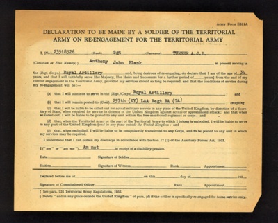 Army form E611a - "Re-engagement for the Territorial Army" - Sgt A.J.B. Turner 23518326 - Royal Artillery - 1956; 1/01/1956; 5050