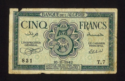 Bank note - "Banque de l'Algerie" cinq francs - 16/11/1942; 16/11/1942; 6105