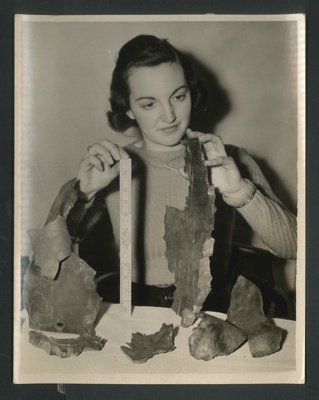 Official copyrighted war photograph - 7th March 1940 - bomb splinters from bomb dropped on the Shetlands; 56574