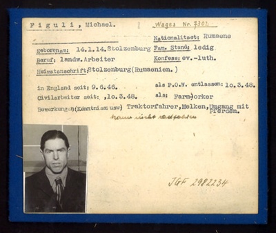 German Eden Camp P.O.W. record card - Michael Figuli - Rumanian - Dob 14/01/1914; 6579