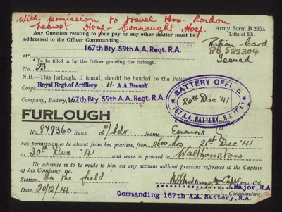 Army form b295a - furlough leave pass - L/Bdr G. Emmins 167th bty 59th AA regt R.A. - 20/12/1941; 20/12/1941; 7621