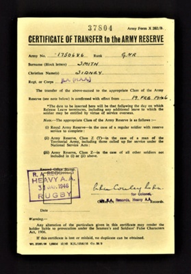 Army form x202/b - "Certificate of transfer to the army reserve" - Gnr S. Smith 1750686 R.A. (H.A.A.) - 19/02/1946; 19/02/1946; 5860 Army form x202/b - "Certificate of transfer to the army reserve" - Gnr S. Smith 1750686 R.A. (H.A.A.) - 19/02/1946; 19/02/1946; 5860