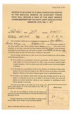 Army reserve form - "After completing regular or National Service" - 1954 & 1959; 36246 Army reserve form - "After completing regular or National Service" - 1954 & 1959; 36246