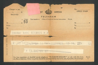 Telegram - informing Mrs N. Harrison of the death of her husband L/Cpl G.B. Harrison R.A.O.C. - Korea - 13/11/1950; 34401