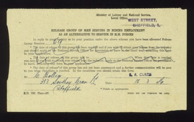 Form ed 753 - "Release group of man serving in mine employment as an alternative to service in H.M. Forces" - C. Hollin - Sheffield - 15/03/1946; 15/03/1946; 6134 Form ed 753 - "Release group of man serving in mine employment as an alternative to service in H.M. Forces" - C. Hollin - Sheffield - 15/03/1946; 15/03/1946; 6134