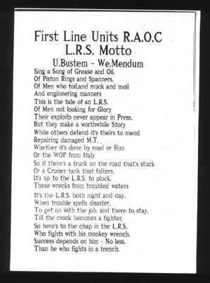 Poem - "First Line Units R.A.O.C. - L.R.S. MOtto U. Bustem - WE. Mendum"; 1780 Poem - "First Line Units R.A.O.C. - L.R.S. MOtto U. Bustem - WE. Mendum"; 1780