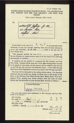 R.A.F. form 2783 & 2 copies - notification of final payment of pay & allowances - Cpl "G.M. Jeffrey" 448012 - 04/02/1946; 4/02/1946; 5048