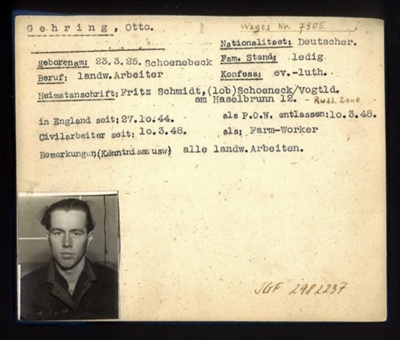 German P.O.W. record card - Otto Gehring - German - Dob 23/03/1925; 6651