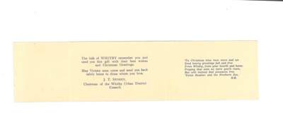 Christmas card - to local serving personnel from the people of Whitby - Christmas 1944; 25/12/1944; 36182 Christmas card - to local serving personnel from the people of Whitby - Christmas 1944; 25/12/1944; 36182