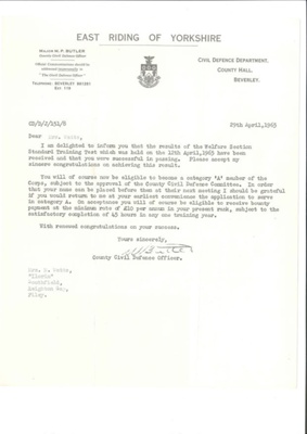 Letter - Mrs Nora Watts confirmed as a Category "A" member of the Civil Defence Corps 29/04/1965; 34970 Letter - Mrs Nora Watts confirmed as a Category "A" member of the Civil Defence Corps 29/04/1965; 34970