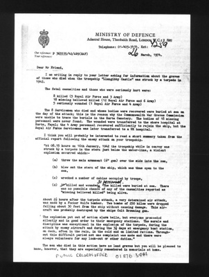 Letter (1) & Copy of photographs (3) - from Ministry of Defence re: loss of life on troopship "Llangibby Castle" in 1942; 26/03/1974; 5571