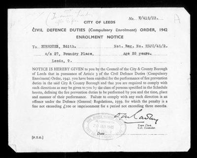 Civil Defence duties compulsory enrolment order - Edith Burhouse - fire prevention duties - Leeds - 20/01/1943; 20/01/1943; 3329