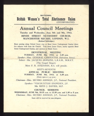 Leaflet - National British Women's Total Abstinence Union Meeting - 08/06/1943; 8/06/1943; 7338