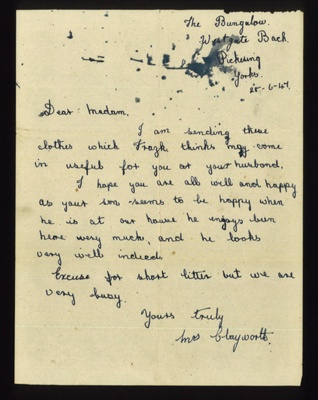 Letter to Anna Glanz from Mrs Clayworth 28/06/1947. family Franz Glanz worked for whilst at Eden Camp.; 71533