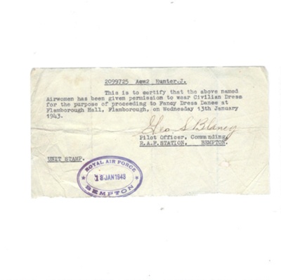 R.A.F. bempton permit - acw Joyce hunter granted permission to wear civilian clothes to attend fancy dress dance - 13/01/1943; 13/01/1943; 34959