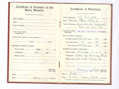 Army form b108 - "Regular Army certificate of service" (red) - E.F. Taylor - East Lancashire Regiment - 17/06/1908 to 16/06/1932; 17/06/1908; 34880