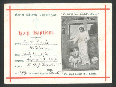 Certificate of holy baptism - Keith David Hitchman - 10/07/1931; 10/07/1931; 34437 Certificate of holy baptism - Keith David Hitchman - 10/07/1931; 10/07/1931; 34437