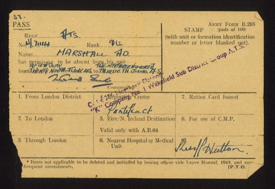 Army form B295 - army pass - Pte A.D. Marshall A.T.S. - 29/06/1945; 29/06/1945; 2300