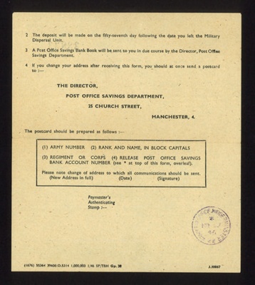 Bank account document- belonging to a 'S.D. Morris'- war credit- 'Post Office Savings Department' - Manchester ; 78816 