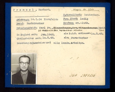 German P.O.W. record card - Herbert Frenzel - German - Dob 14/05/1904; 6581