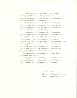 Typed comment by S.Q.M.S. J.A. Jones about his attendance at War Crimes Trial - (see 35710 & 35711); 28/11/1945; 35712 Typed comment by S.Q.M.S. J.A. Jones about his attendance at War Crimes Trial - (see 35710 & 35711); 28/11/1945; 35712