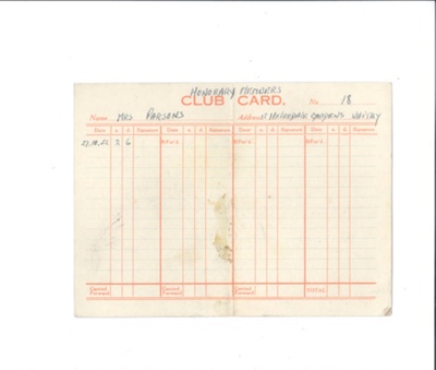 Membership Card - "Whitby Troop - Green Howards Club" - Mrs Parson - 27/10/1952; 27/10/1952; 36174 Membership Card - "Whitby Troop - Green Howards Club" - Mrs Parson - 27/10/1952; 27/10/1952; 36174