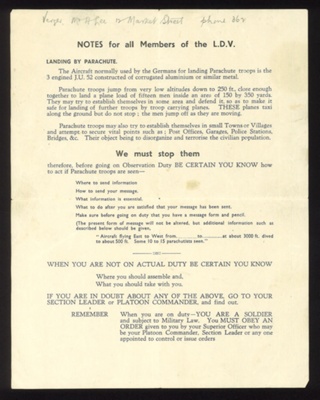 Information leaflet - "Landing by parachute"- local defence volunteers; 5169 Information leaflet - "Landing by parachute"- local defence volunteers; 5169