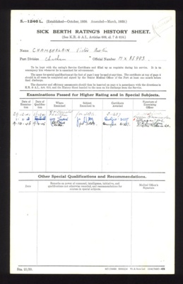 Royal Navy forms (4) - "Sick Berth rating's history sheet" - sick reports (2) - kit list (1) - Victor A. Chamberlain C/MX85993 Royal Navy; 5488