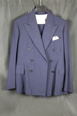 Gents wool, three piece blue pin striped suit from Burton.; 70132