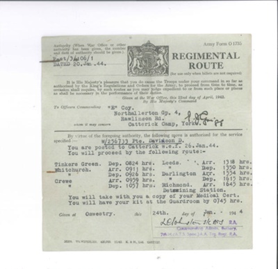 Army movement orders (3) - Pte Doreen Davinson or Parsons w/256733 A.T.S. - 1943-1945; 36166 Army movement orders (3) - Pte Doreen Davinson or Parsons w/256733 A.T.S. - 1943-1945; 36166