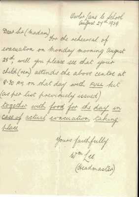 Letter to Mrs Rendall regarding the evacuation and rehearsal evacuation of her children from Sheffield. August 1939; 63180