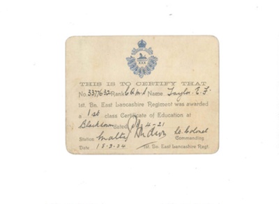 Acknowledgment card - army certificate of education - C.Q.M.S. E.F. Taylor - Malta - 18/02/1924; 18/02/1924; 34885 Acknowledgment card - army certificate of education - C.Q.M.S. E.F. Taylor - Malta - 18/02/1924; 18/02/1924; 34885