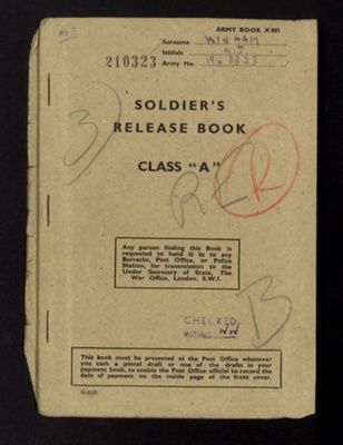 Army book x801 - soldier's release book class "A" - C.Q.M.S. N. Winham Royal Engineers - 17/03/1946; 17/03/1946; 7555